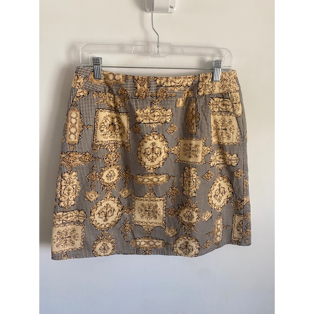 Talbots Petites 12P Skirt Tan Black Houndstooth‎ Baroque Medallion Made in USA
